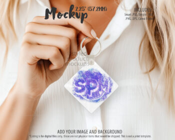 Model Holding Square Keychain Mockup