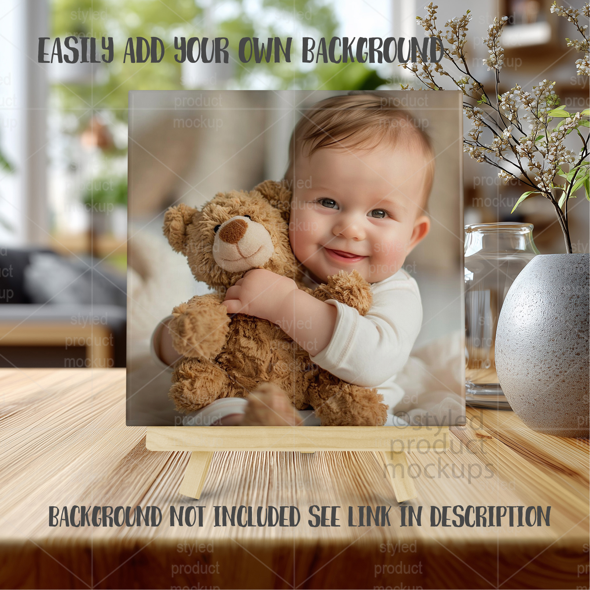 Photo Tile on Wood Easel Mockup
