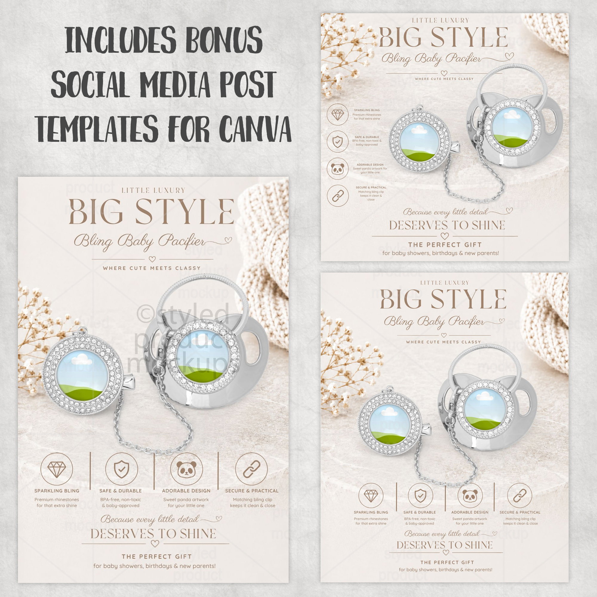 Dye sublimation bling pacifier clip Mockup