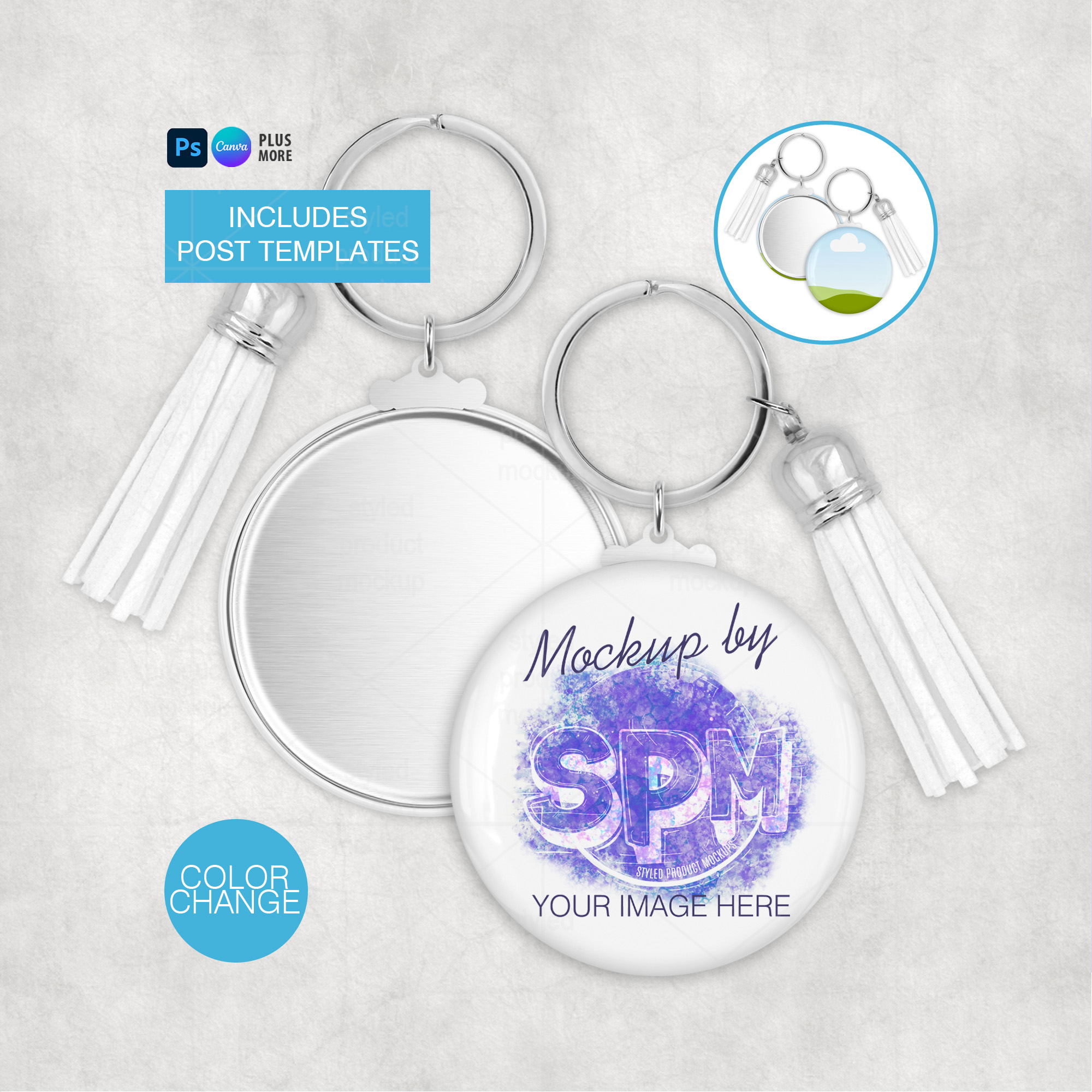 Metal Back Button Mockup with Keyring & Tassel