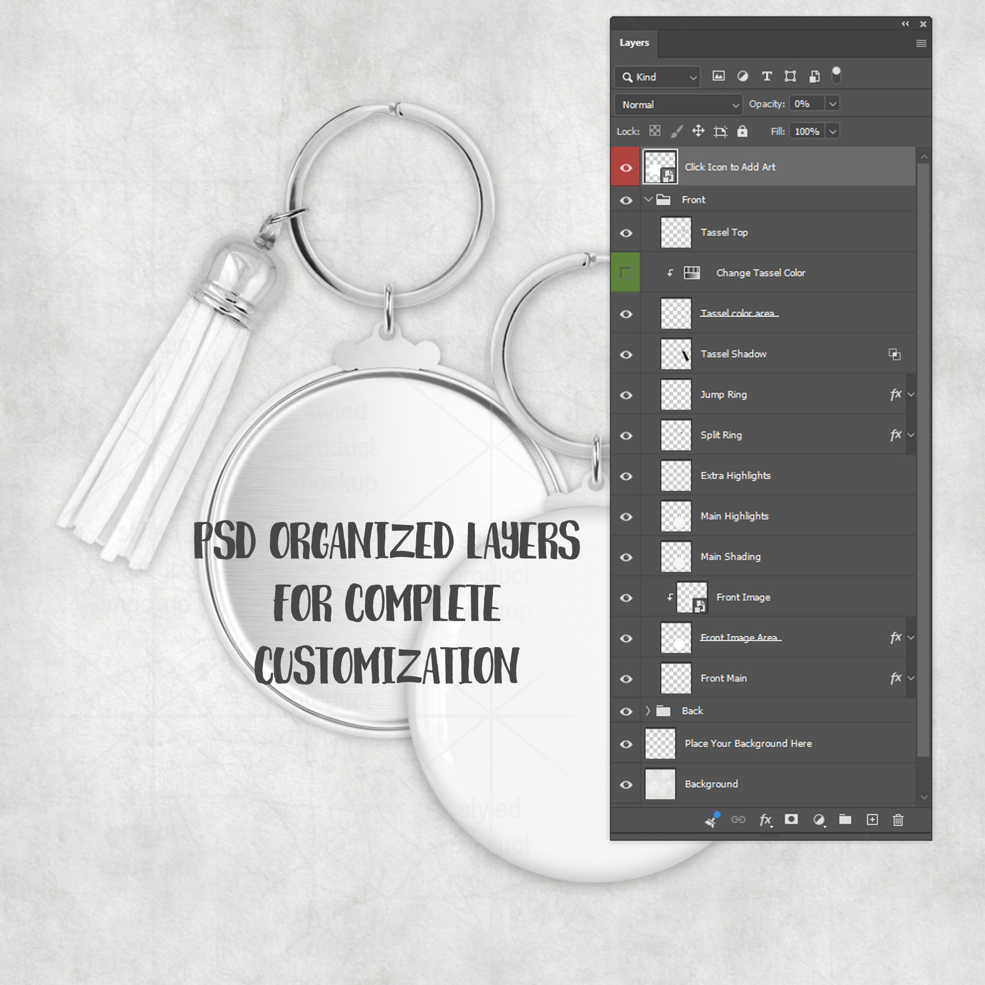 Metal Back Button Mockup with Keyring & Tassel